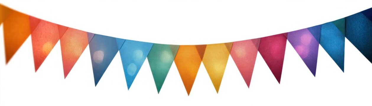 string of colorful triangular pennant flags across a white background, festive and cheerful party bunting
