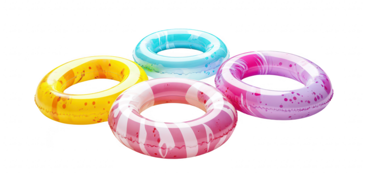 A collection of four colorful inflatable pool rings in yellow. blue. pink. and purple. arranged on a clean white background. ideal for summer-themed designs and leisure activities - Powered by Adobe