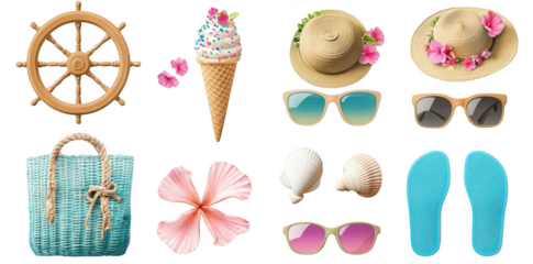 A collection of summer-themed items including a ships wheel. ice cream cone. stylish hats adorned with flowers. sunglasses. seashells. a tote bag. and flip-flops. perfect for beach-themed designs