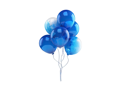 Blue balloons with some white, tied with string