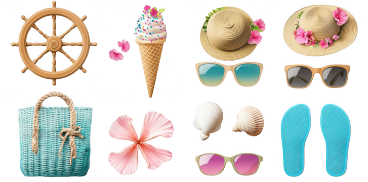 A collection of summer-themed items including a ships wheel. ice cream cone. stylish hats adorned with flowers. sunglasses. seashells. a tote bag. and flip-flops. perfect for beach-themed designs