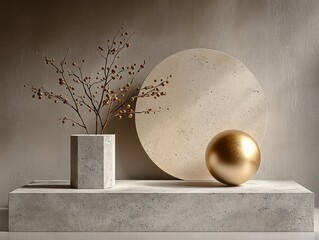 Minimalist still life with concrete pedestal and square vase holding a dried branch with berries, large circular stone backdrop and a reflective golden sphere in a serene warm setting