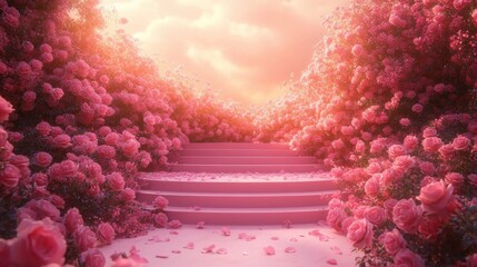pink rose garden steps bathed in golden sunset light with scattered petals, dreamy romantic and serene atmosphere