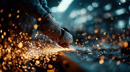 Close-up of a Craftsman Using Angle Grinder to Create Sparks in a Workshop Environment