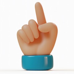 playful glossy 3d cartoon hand with blue wristband pointing upward on white background, attention-grabbing gesture