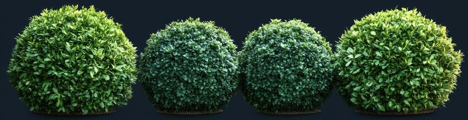 Four neatly trimmed spherical green shrubs in a row on a dark background, lush and vibrant, conveying calm orderly symmetry