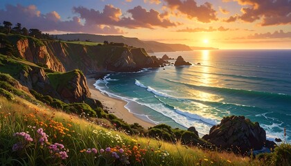 Coastal landscape at sunset. Golden sunlight illuminates a serene ocean and dramatic cliffs with lush vegetation