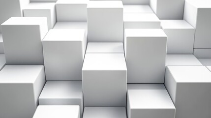 Minimalist grid of white three-dimensional cubes at varying heights with soft shadows and calm, orderly modern abstract composition