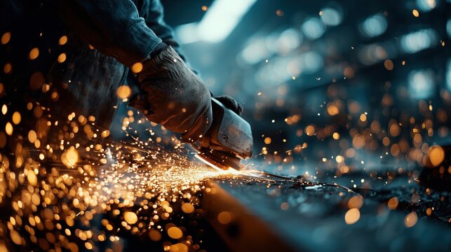 Close-up of a Craftsman Using Angle Grinder to Create Sparks in a Workshop Environment