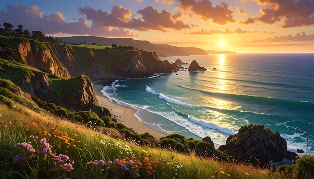 Coastal landscape at sunset. Golden sunlight illuminates a serene ocean and dramatic cliffs with lush vegetation