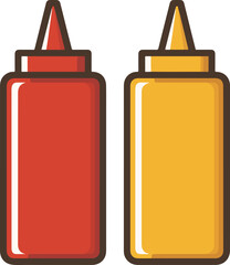 Pair of red ketchup and yellow mustard squeeze bottles depicted as a clean vector icon.