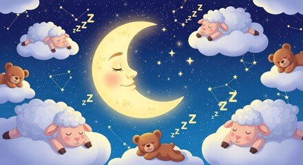 Serene nightscape featuring sleeping sheep, teddy bears, and a gentle moon character