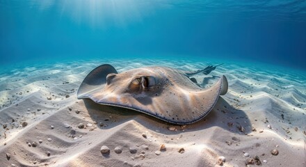 Majestic stingray resting peacefully on the ocean floor in a vibrant underwater world
