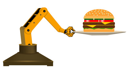 AI robot chefs are in use with thermal sensing for cooking burgers, manage deep fryers and other kitchen jobs. A robot arm holds a finished burger in a 3-d illustration.