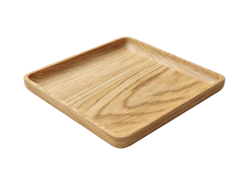 Square, light wood tray with rounded corners on black ground
