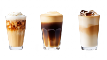A visually appealing arrangement of three distinct iced coffee beverages varying layers and textures. set against a clean white background. ideal for culinary or beverage-related content
