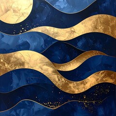 Abstract flowing golden waves interweave with deep blue textures in this square composition