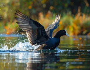 Obraz premium A water bird, with dark feathers and a white beak, taking off from water, wings spread wide, creating splashes