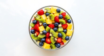 Colorful Fruit Salad in a Glass Bowl Overhead View.