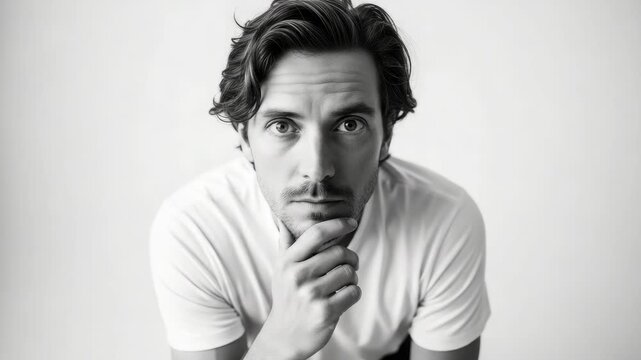Intense black and white triptych of a thoughtful adult man looking at the camera. Pensive male model with hand on chin for a conceptual banner with a selective color blue eye