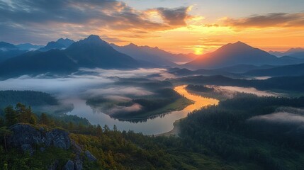 sunrise over a misty mountain range with a winding river, golden reflections, pine forests and rocky foreground, serene and majestic dawn panorama
