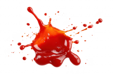 A splash of red liquid. resembling paint or sauce. dynamically captured against a clean white background. motion and energy. ideal for creative design projects