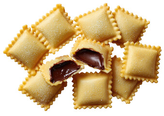 Chocolate filled ravioli, one cut, scattered on black