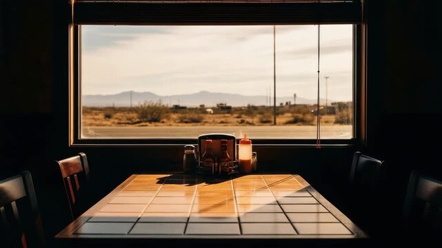 Empty table at a roadside diner overlooking the desert landscape at sunset. Cinematic view from a restaurant window in the american southwest for a road trip concept