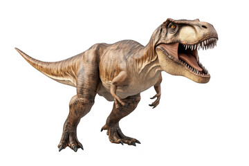 A realistic depiction of a roaring Tyrannosaurus rex in a neutral background. its powerful stance and intricate details. ideal for educational and entertainment purposes