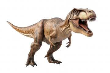 A realistic depiction of a roaring Tyrannosaurus rex in a neutral background. its powerful stance and intricate details. ideal for educational and entertainment purposes