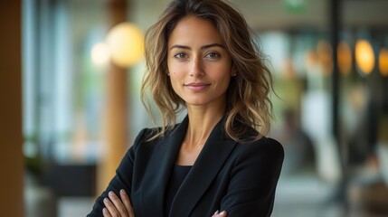 Obraz premium Confident professional woman in a black blazer with crossed arms standing in a modern office lobby, poised and determined amid warm soft lighting and soft-focused background