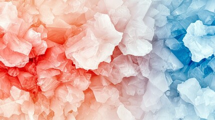 A detailed, abstract view of rough, angular crystalline structures transitioning from a warm red hue to a cool blue tone.