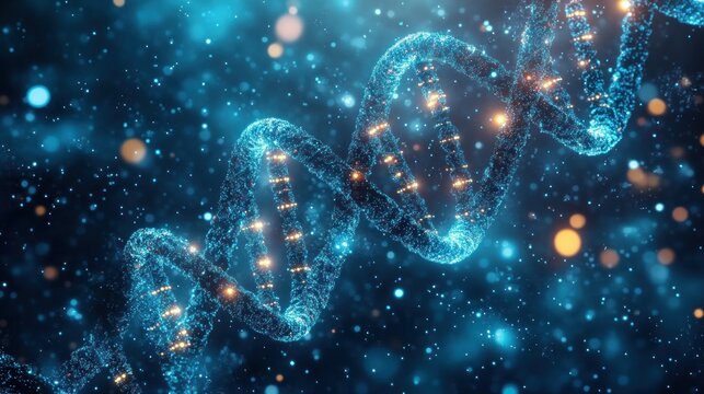 Glowing blue DNA double helix of luminous particles with golden nodes floating in a starry field, evoking scientific wonder and futuristic discovery