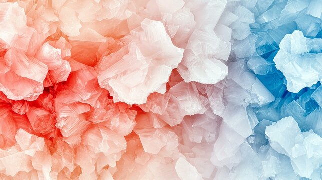 A detailed, abstract view of rough, angular crystalline structures transitioning from a warm red hue to a cool blue tone.