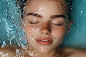 Fototapeta premium Energetic close-up of turquoise water splashing with bubbles and droplets and wet hair glimpses at edges conveying a refreshing playful motion