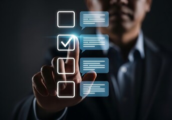 Man checking off a task on a digital todo list with a glowing checkmark