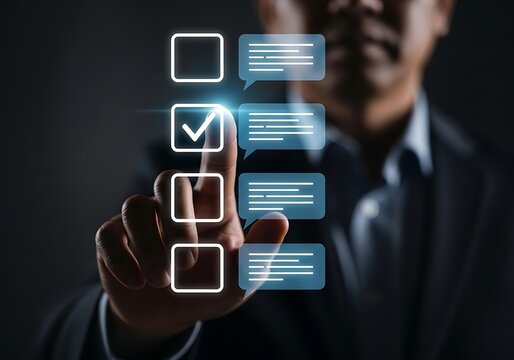 Man checking off a task on a digital todo list with a glowing checkmark