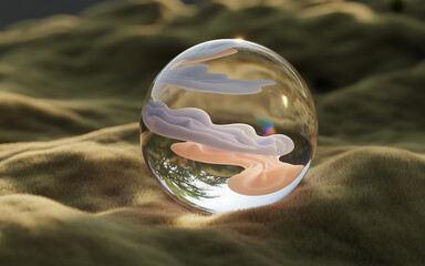 Dreamy glass orb with ethereal clouds resting on soft, grassy hills evokes peace, wonder, and gentle beauty in a captivating fantasy landscape design