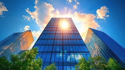 low-angle view of three reflective glass skyscrapers with sunburst, blue sky, fluffy clouds and green trees conveying bright uplifting urban energy
