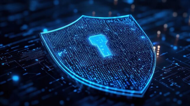 glowing blue digital shield with a keyhole and streaming binary code over a circuit board conveying protection and futuristic cybersecurity confidence - Powered by Adobe