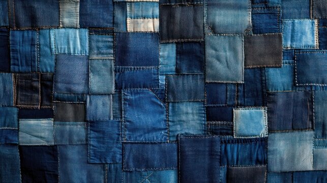 handstitched patchwork denim quilt composed of blue jean fabric squares and rectangles with visible seams and frayed edges, evoking a cozy nostalgic artisanal mood