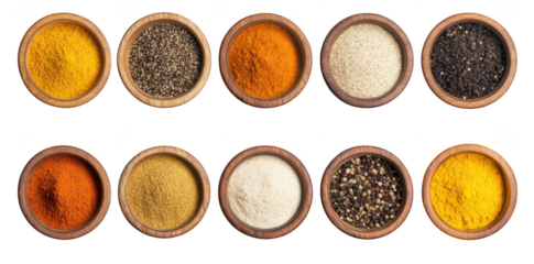 A arrangement of various spices in wooden bowls. colorful powders like turmeric. black pepper. and cumin. set against a clean white background. ideal for culinary or health-related use