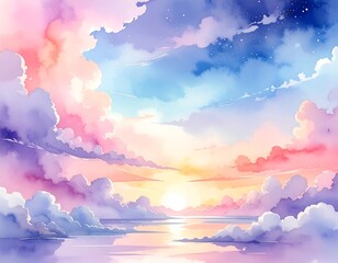 Watercolor depiction of a vibrant, dreamy sunset with pastel clouds
