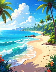 A sunny, bright beach scene with palm trees, blue water, white clouds, and tropical foliage