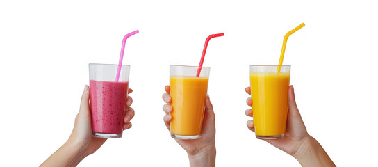 Three hands holding colorful drinks with pink. orange. and yellow straws against a minimalist background. suggesting a refreshing summer vibe perfect for health and wellness themes