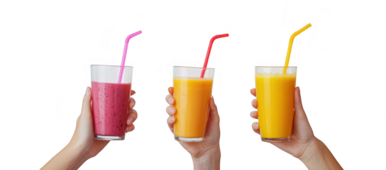 Three hands holding colorful drinks with pink. orange. and yellow straws against a minimalist background. suggesting a refreshing summer vibe perfect for health and wellness themes