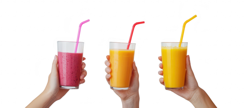 Three hands holding colorful drinks with pink. orange. and yellow straws against a minimalist background. suggesting a refreshing summer vibe perfect for health and wellness themes