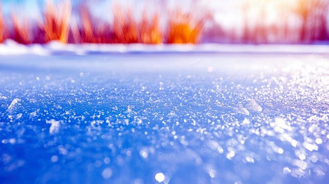 A macro view of ice crystals on a frozen surface, with blurred golden reeds and sunlight in the background, evoking a cold, wintery scene.