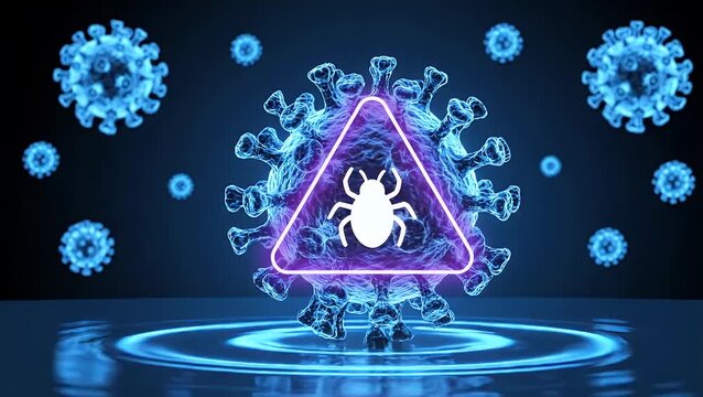 A futuristic rendering of a virus with a glowing tick warning sign