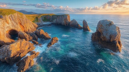 Sunlit rugged coastal cliffs and sea stacks with a sea cave, turquoise ocean waves and grassy cliff tops under a golden sunset sky evoking peaceful awe